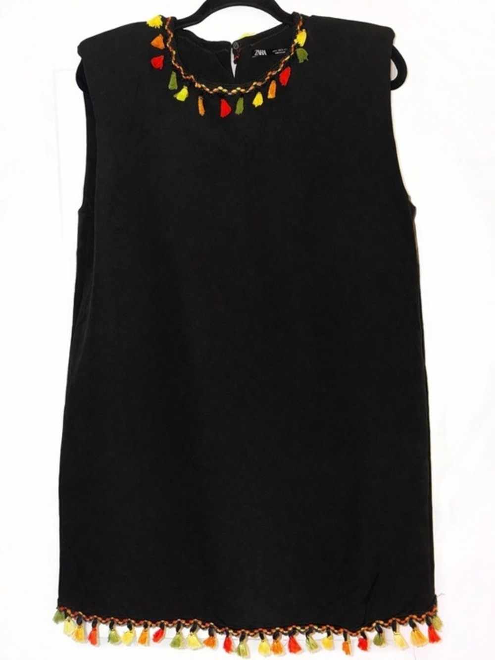 Zara Black Sleeveless Shift Mini Dress with Multicolor Tassels